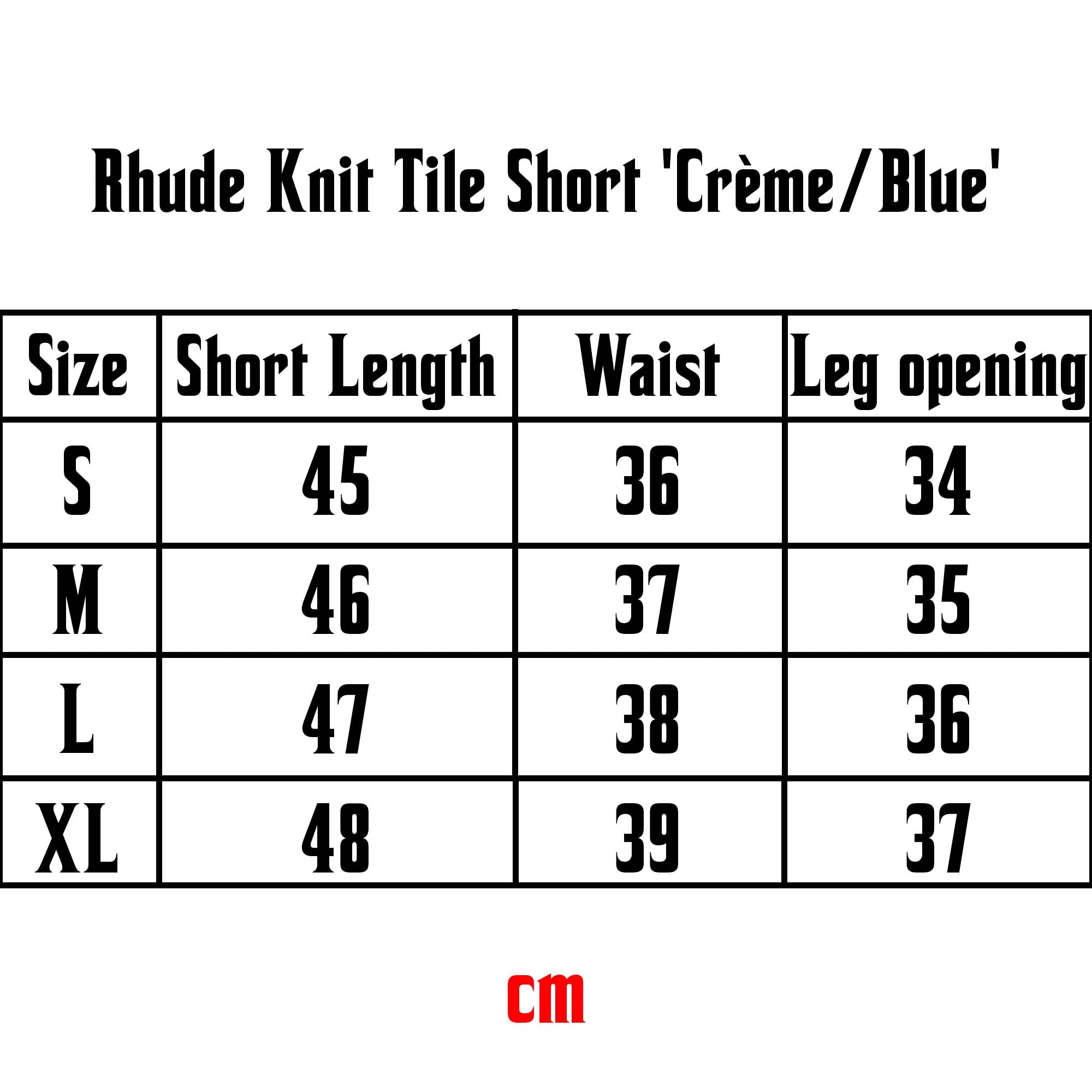Rhude Knit Tile Shorts in Crème and Blue with a stylish design, showcasing fabric texture and pattern details.