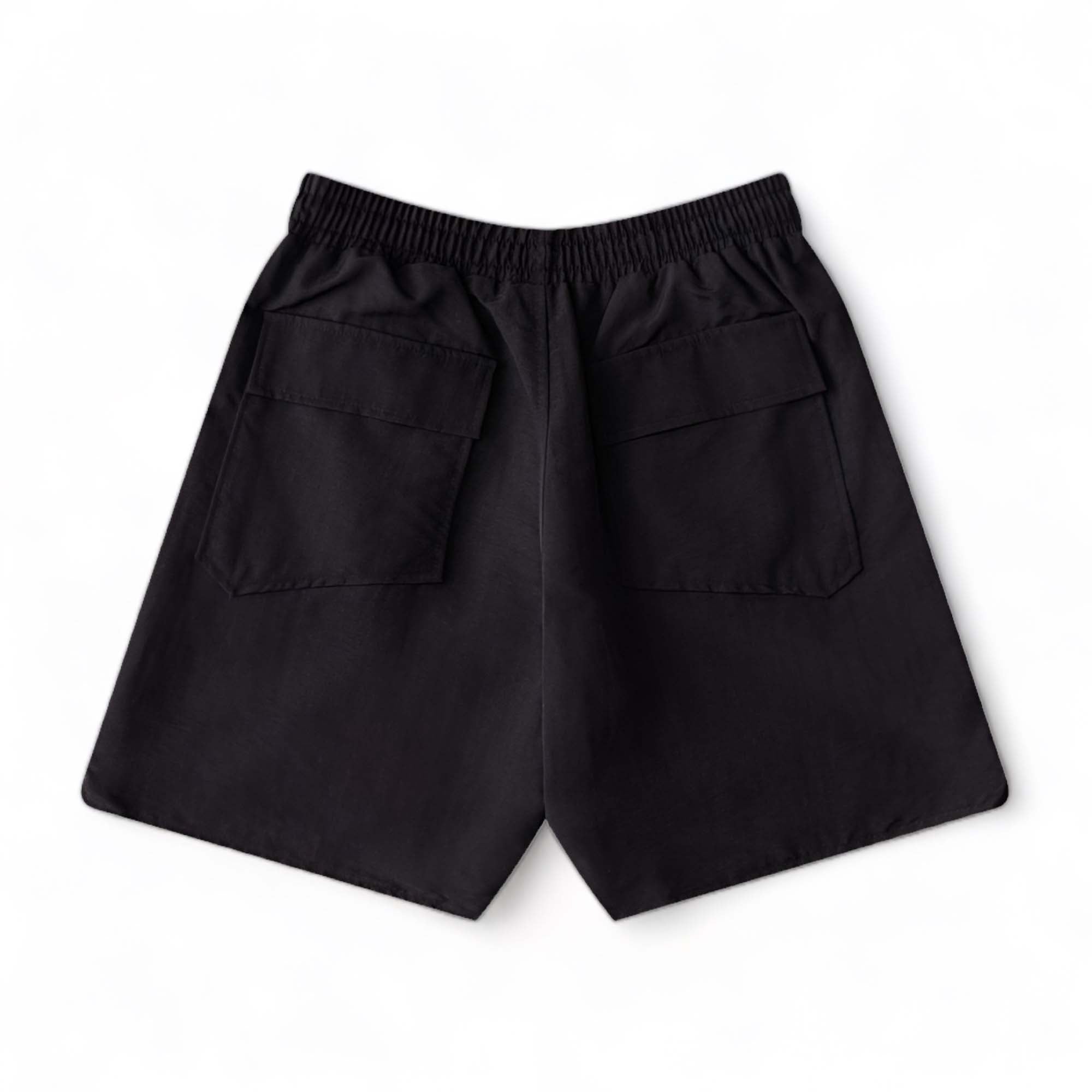 Rhude black shorts displayed on a neutral background, showcasing the relaxed fit and stylish design details.