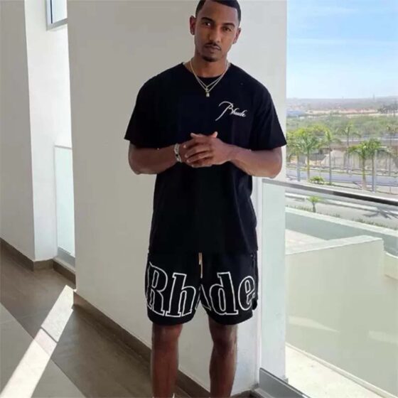 Rhude black shorts featuring a relaxed fit and stylish design, perfect for casual wear.