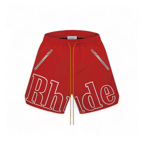 Red Rhude shorts featuring a relaxed fit and stylish design, perfect for casual summer wear.