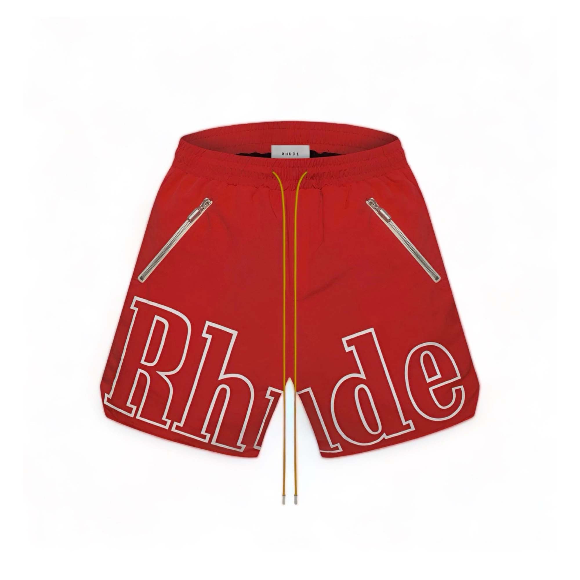 Red Rhude shorts featuring a relaxed fit and stylish design, perfect for casual summer wear.