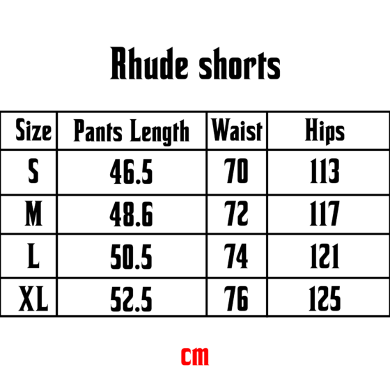 Red Rhude shorts displayed with a size chart, showcasing fabric and design details.