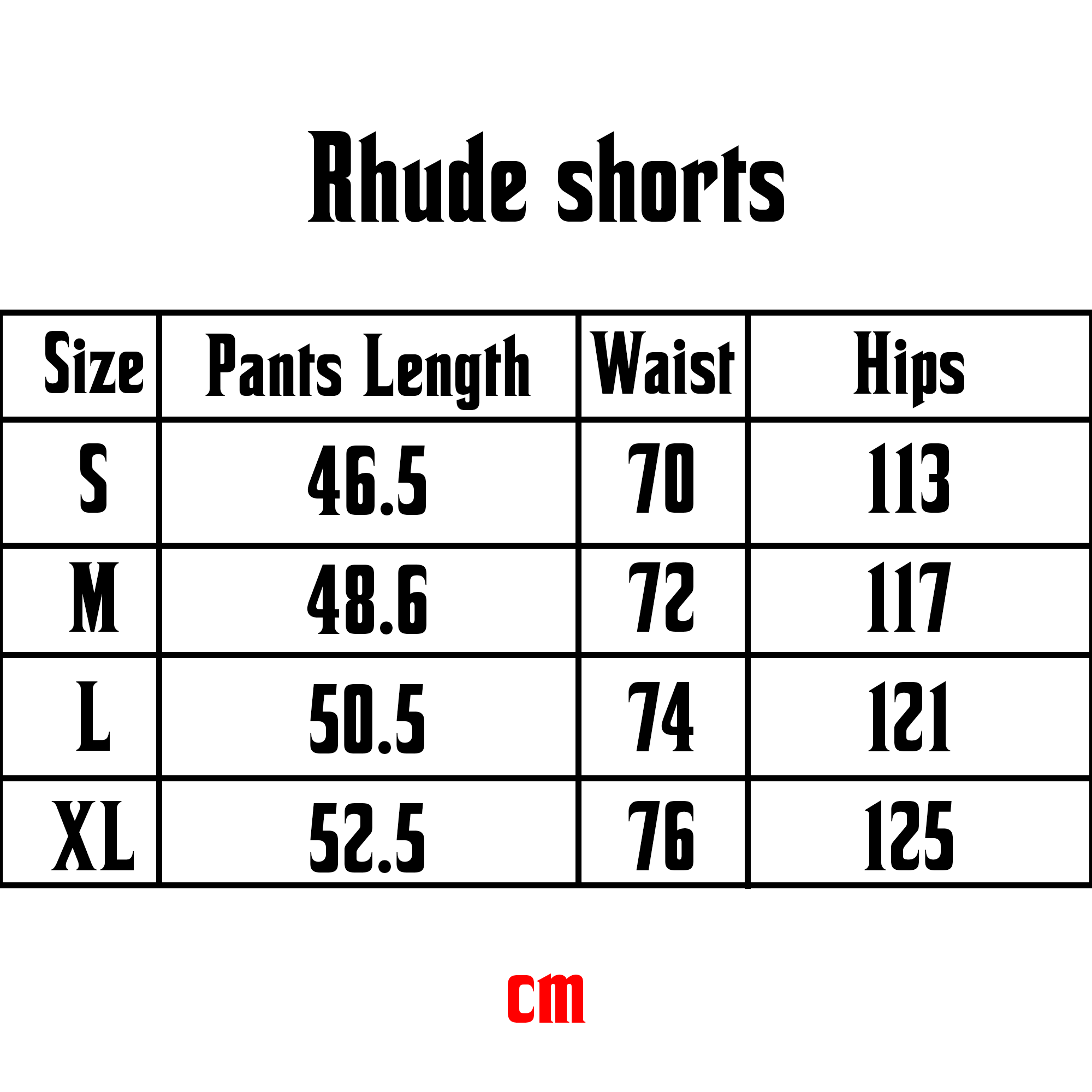 Red Rhude shorts displayed with a size chart, showcasing fabric and design details.