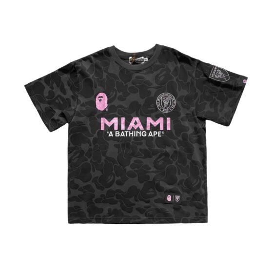 BAPE x Inter Miami black camo t-shirt by Central ae, featuring a unique camouflage pattern and classic crew neck design.