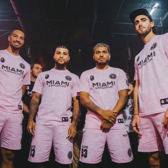 BAPE x Inter Miami pink camo t-shirt featuring a vibrant design and relaxed fit by Central ae.