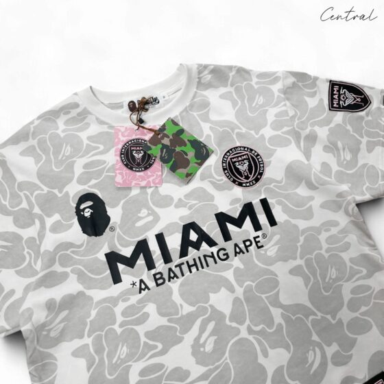 BAPE x Inter Miami white camo t-shirt featuring a unique camouflage pattern and logo design from Central ae.