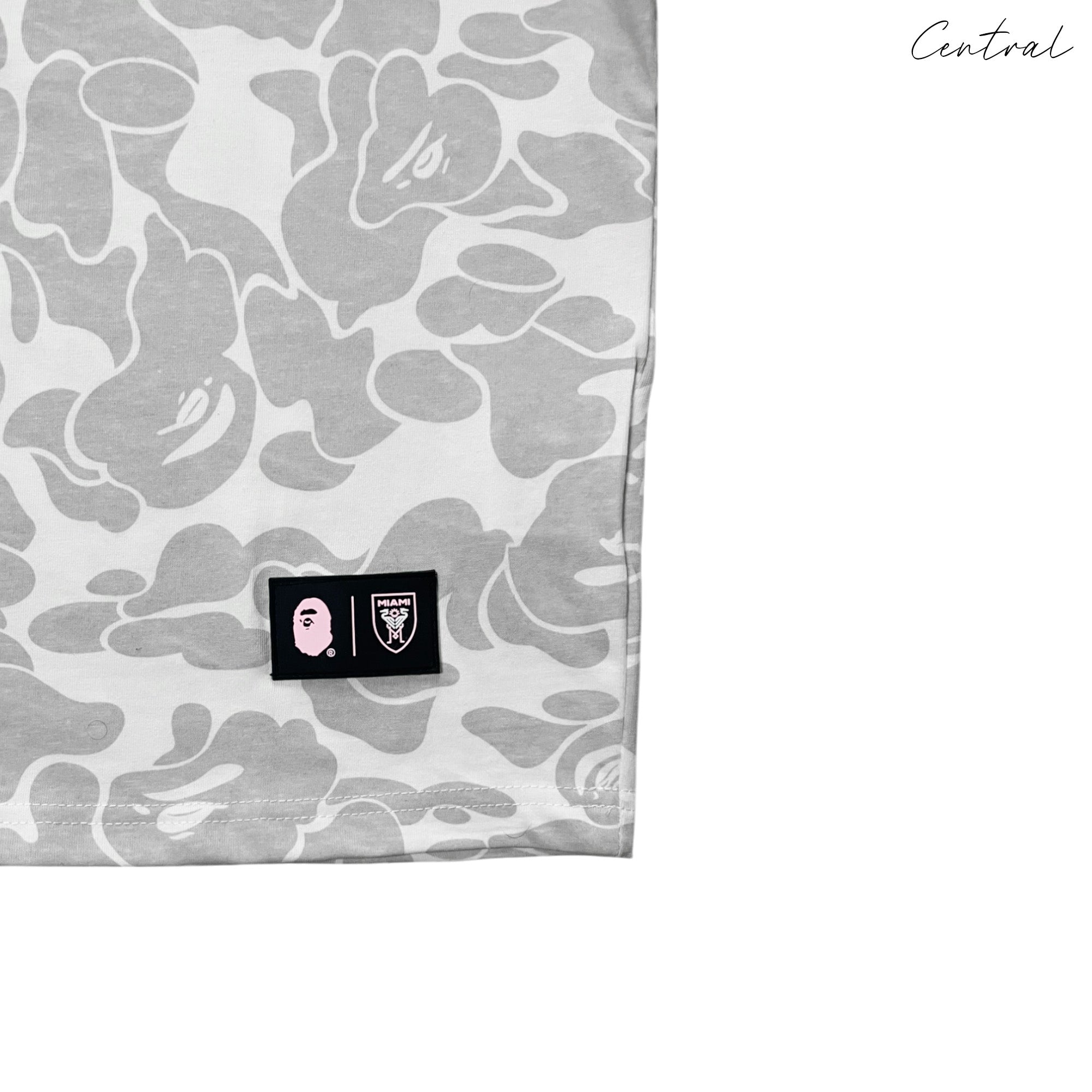 BAPE x Inter Miami white camo t-shirt featuring a unique camo pattern and logo from Central ae.