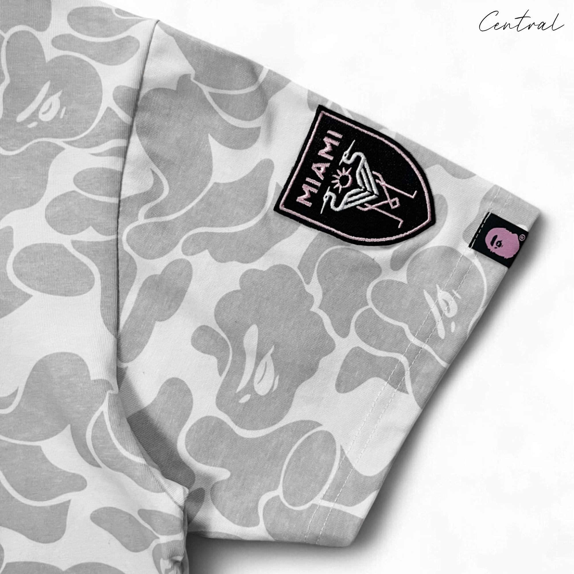 BAPE x Inter Miami white camo T-shirt featuring a unique camouflage design by Central ae.