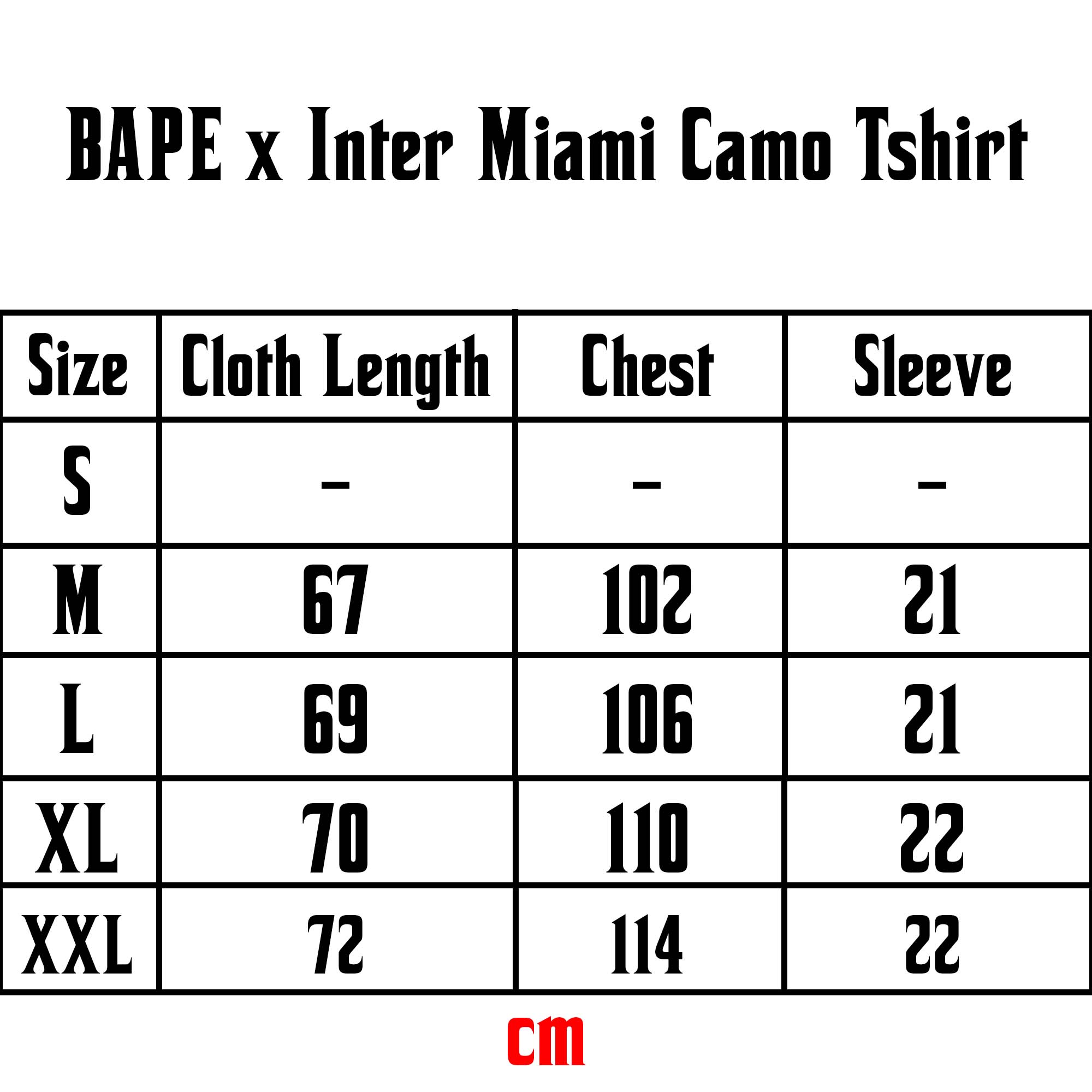 BAPE x Inter Miami white camo t-shirt displayed on a size chart with measurement details.