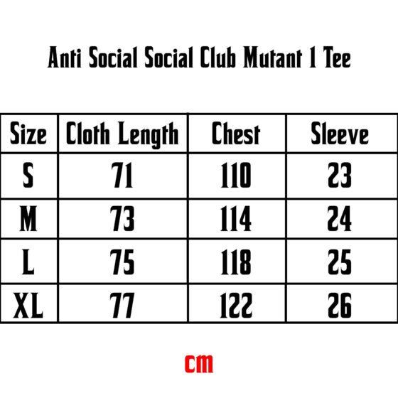 ASSC Mutant T-shirt by Central ae displayed on a size chart with measurements for accurate fitting.