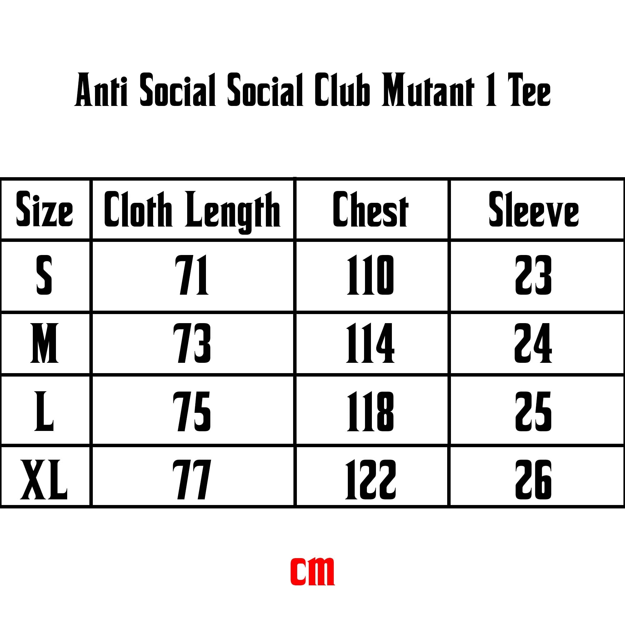 ASSC Mutant T-shirt by Central ae displayed on a size chart with measurements for accurate fitting.