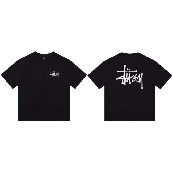 Black BASIC STÜSSY TEE t-shirt featuring a classic crew neck and relaxed fit, perfect for casual wear.
