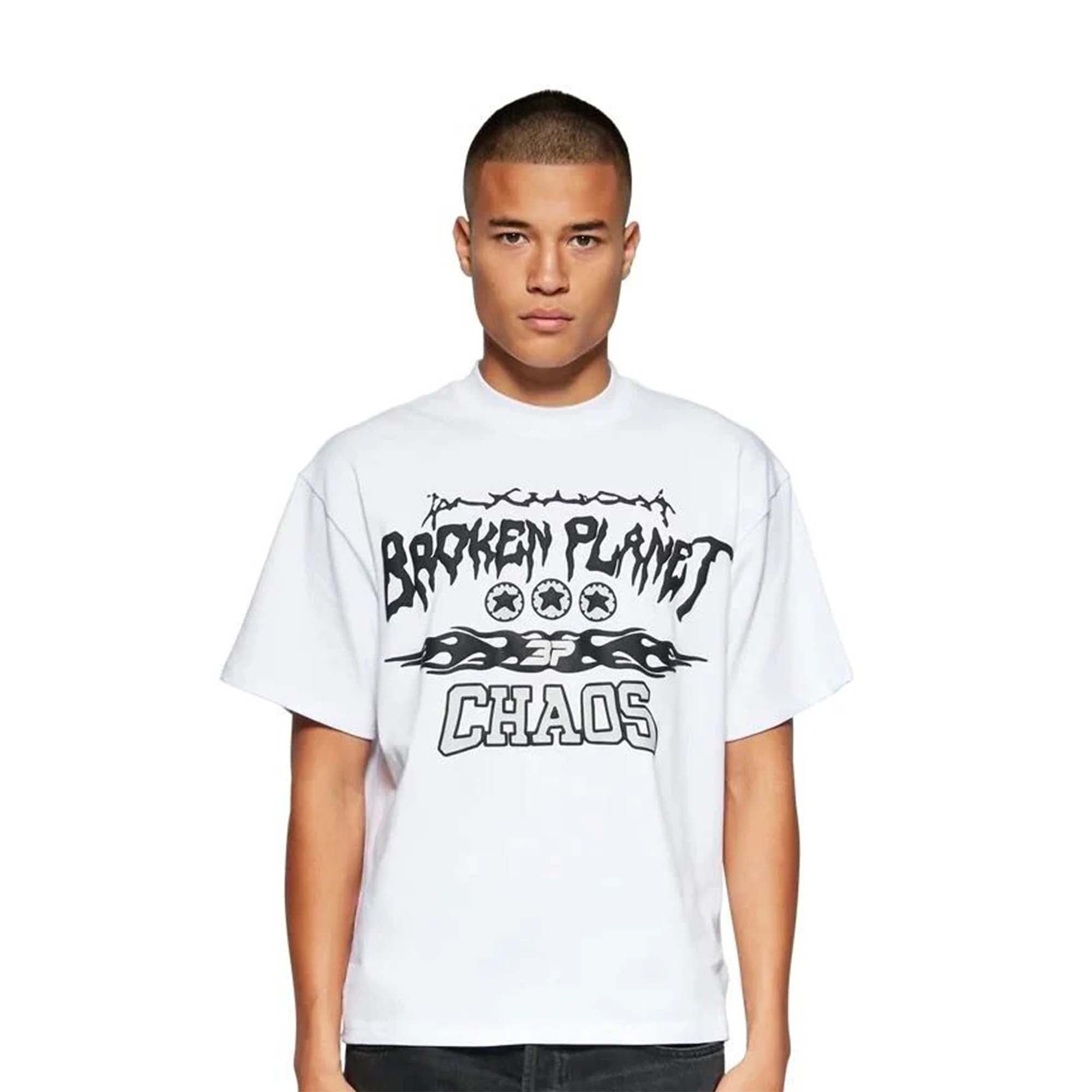 Central ae Broken Planet Chaos T-shirt featuring a vibrant graphic design on a soft cotton fabric.