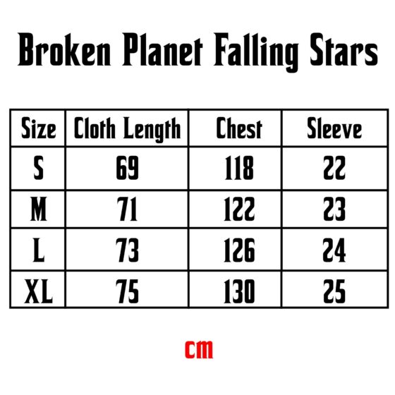 Size chart for Central ae Broken Planet Falling Stars T-Shirt, displaying measurements and fit details.