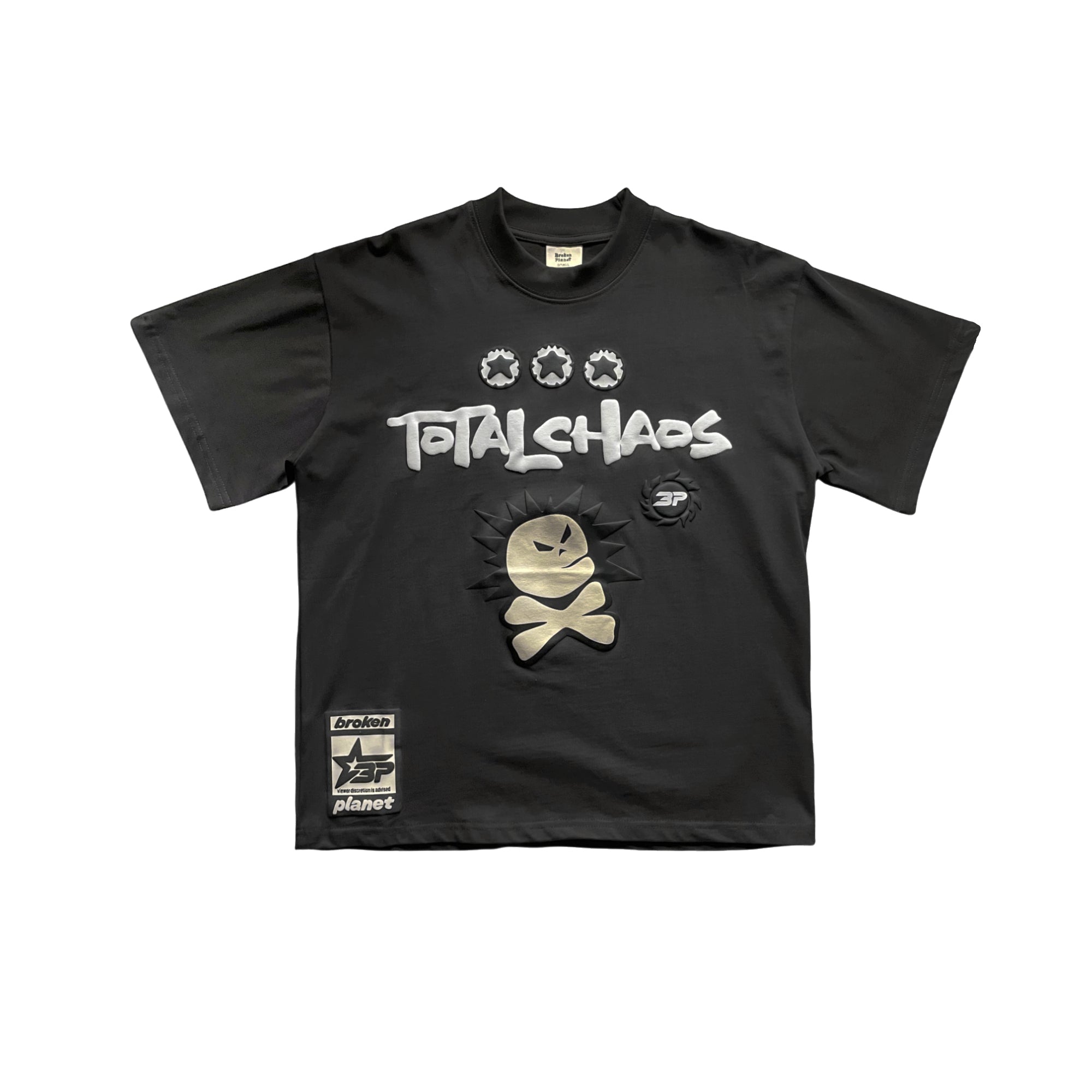Central ae Broken Planet Total Chaos T-shirt featuring a bold graphic design on a classic fit black tee.