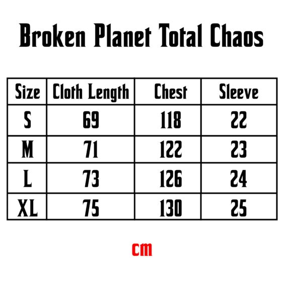 Size chart for Central ae Broken Planet Total Chaos T-shirt, featuring measurements for optimal fit.