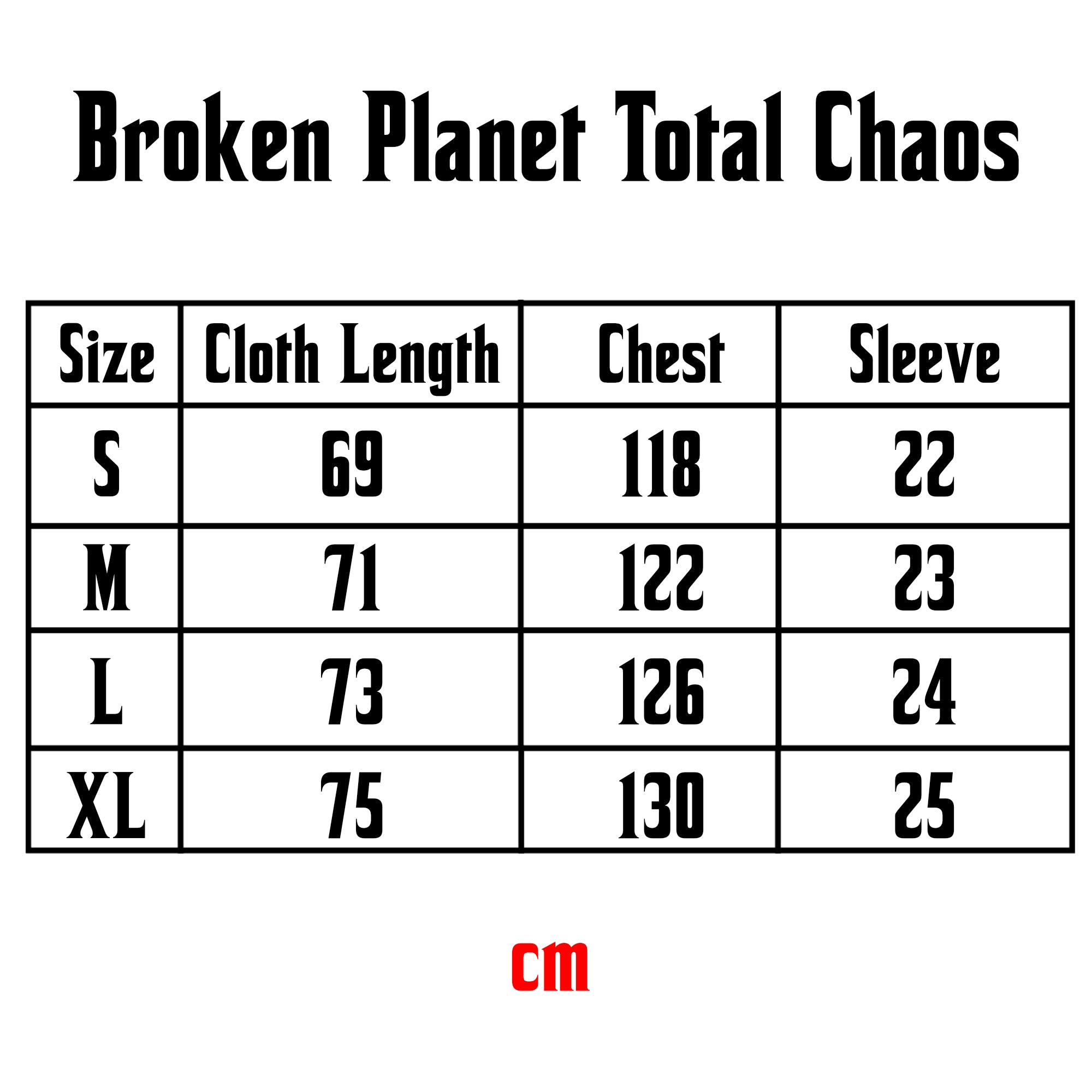 Size chart for Central ae Broken Planet Total Chaos T-shirt, featuring measurements for optimal fit.