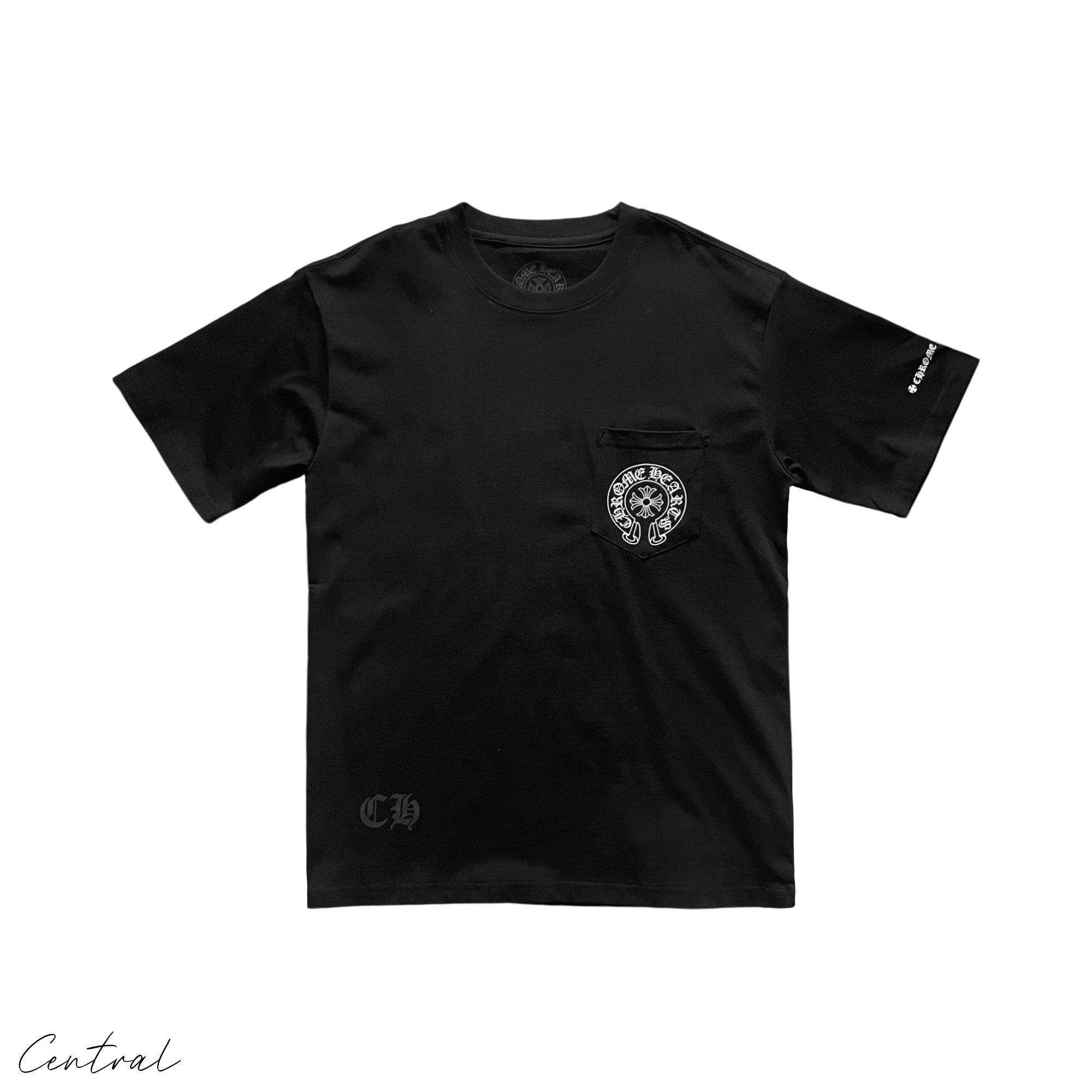 Chrome Hearts T-shirt featuring a horse shoe logo on the pocket, designed by Central ae in a casual style.