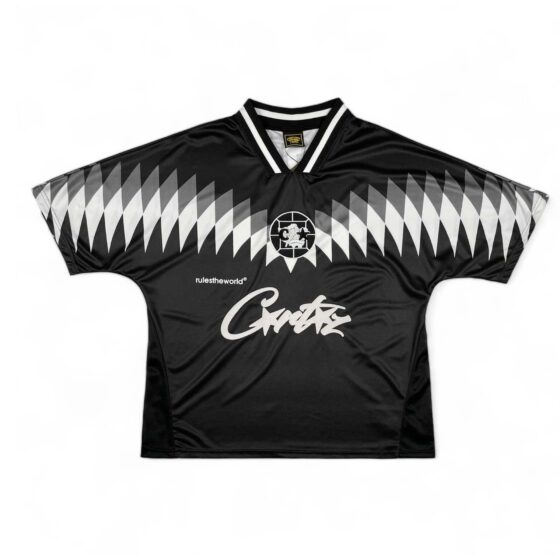 Corteiz Club RTW black football jersey t-shirt featuring a sleek design and comfortable fit from Central AE.