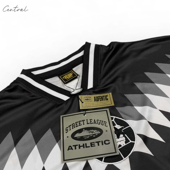 Corteiz Club RTW black football jersey t-shirt by central ae with logo and sporty design, displayed on a mannequin.