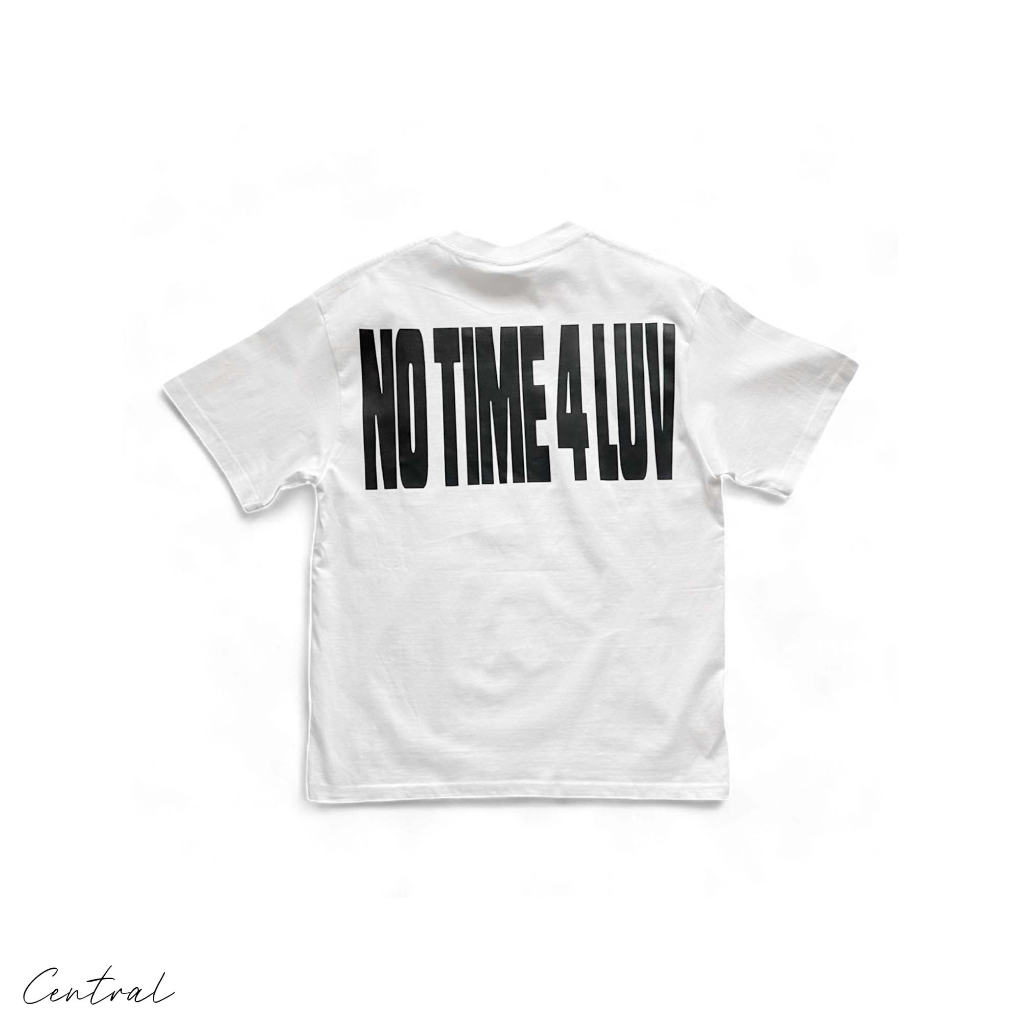 Central AE Corteiz No Time 4 Luv T-shirt, black cotton t-shirt with bold white graphic design, casual streetwear style.