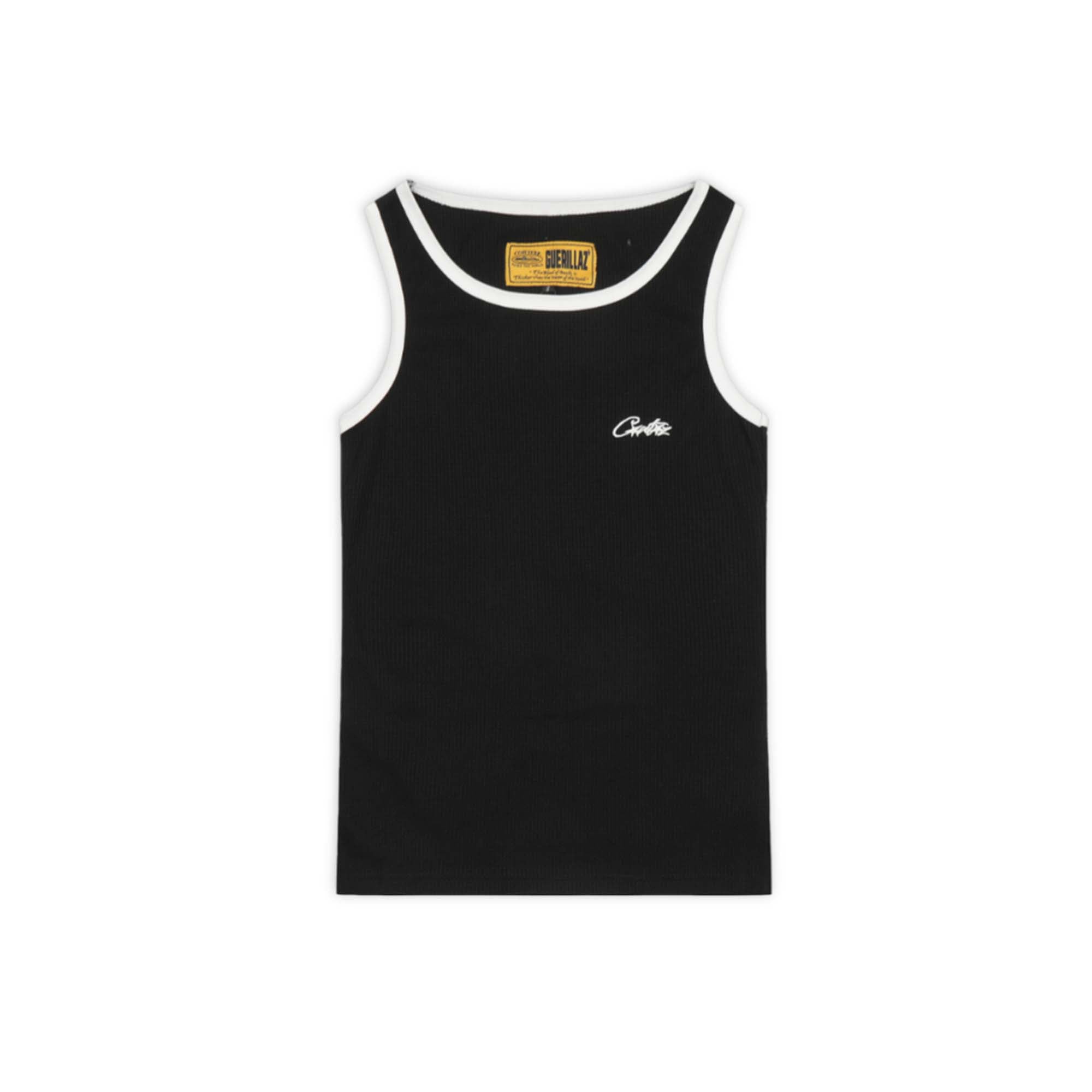 Corteiz tank top in black, featuring a relaxed fit and Central ae branding on the front.