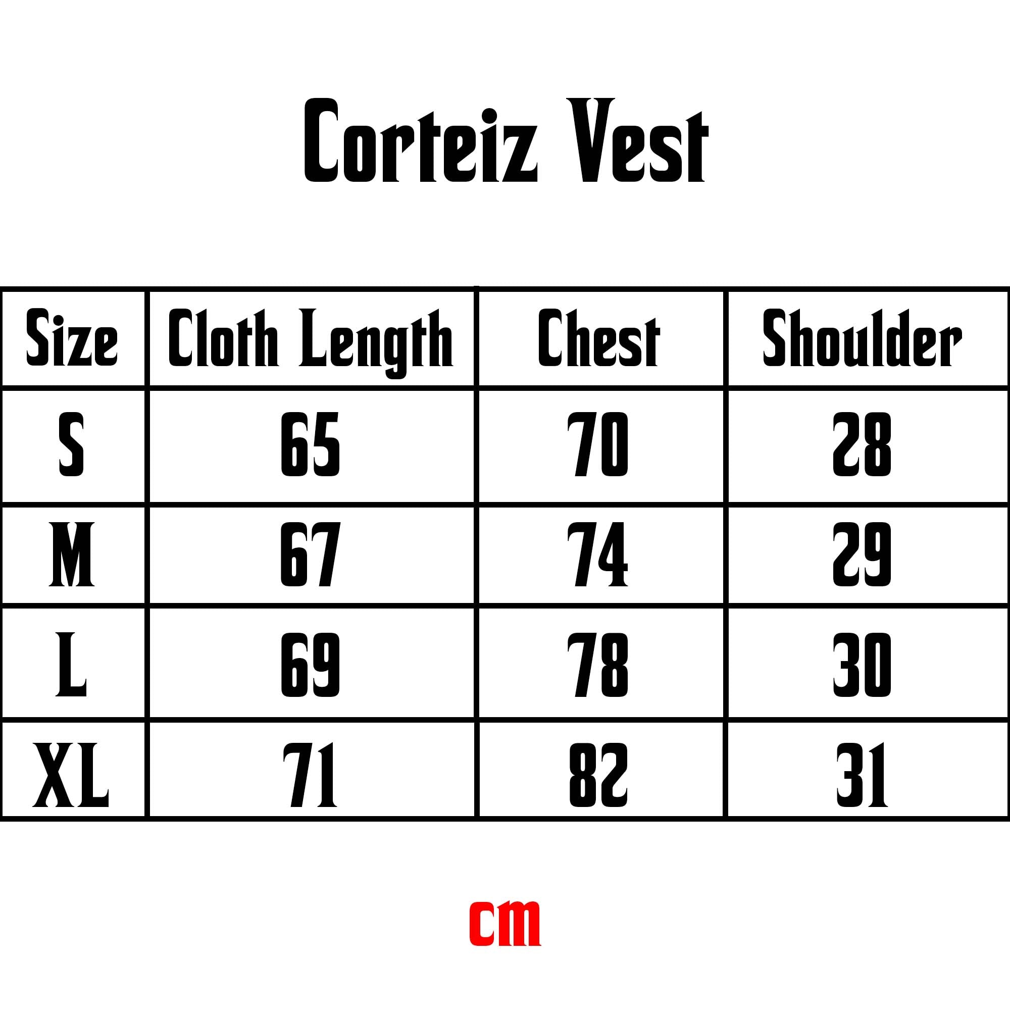 Corteiz tank top size chart showing various sizes and measurements for Central ae t-shirt fit.