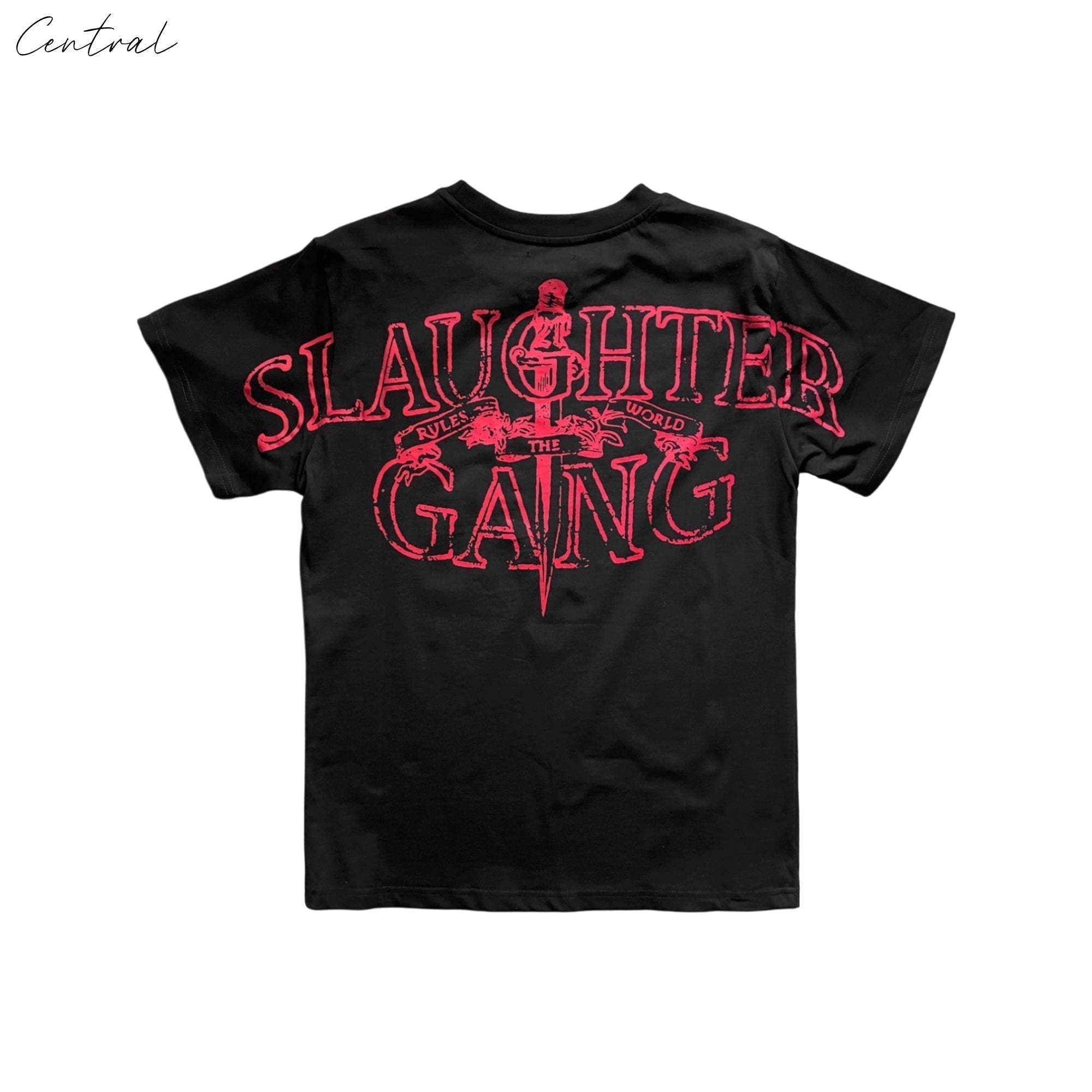 Corteiz x Slaughter Gang 21 Savage T-shirt featuring bold graphic design on a black fabric.