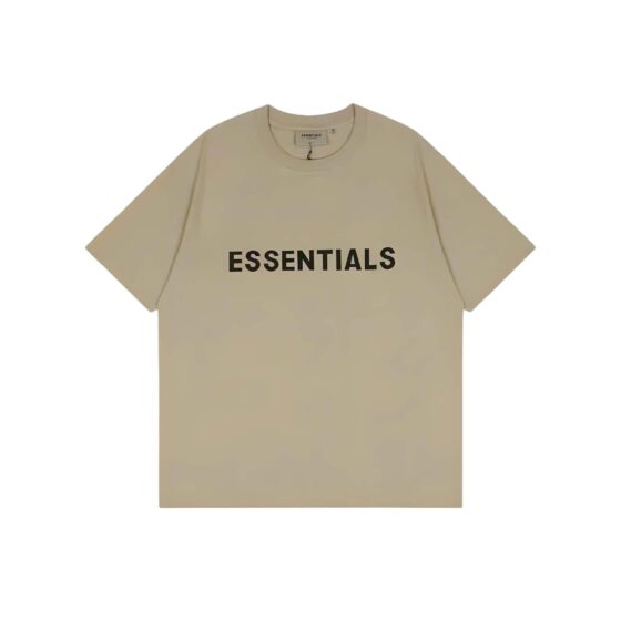 Khaki oversized FOG ESSENTIALS T-shirt featuring a relaxed fit and simple design, ideal for casual wear.