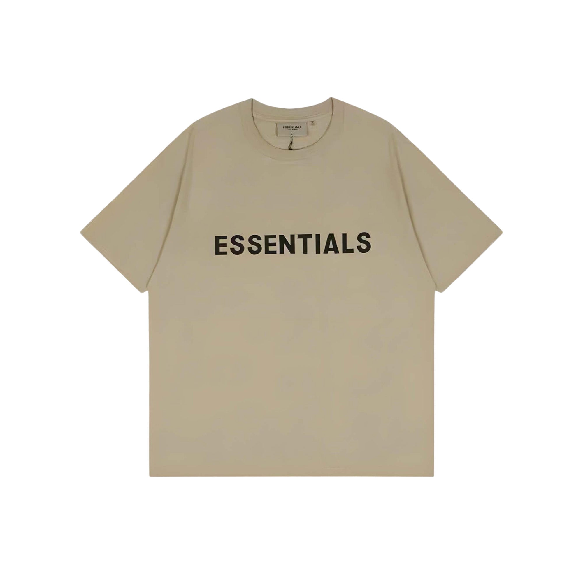 Khaki oversized FOG ESSENTIALS T-shirt featuring a relaxed fit and simple design, ideal for casual wear.