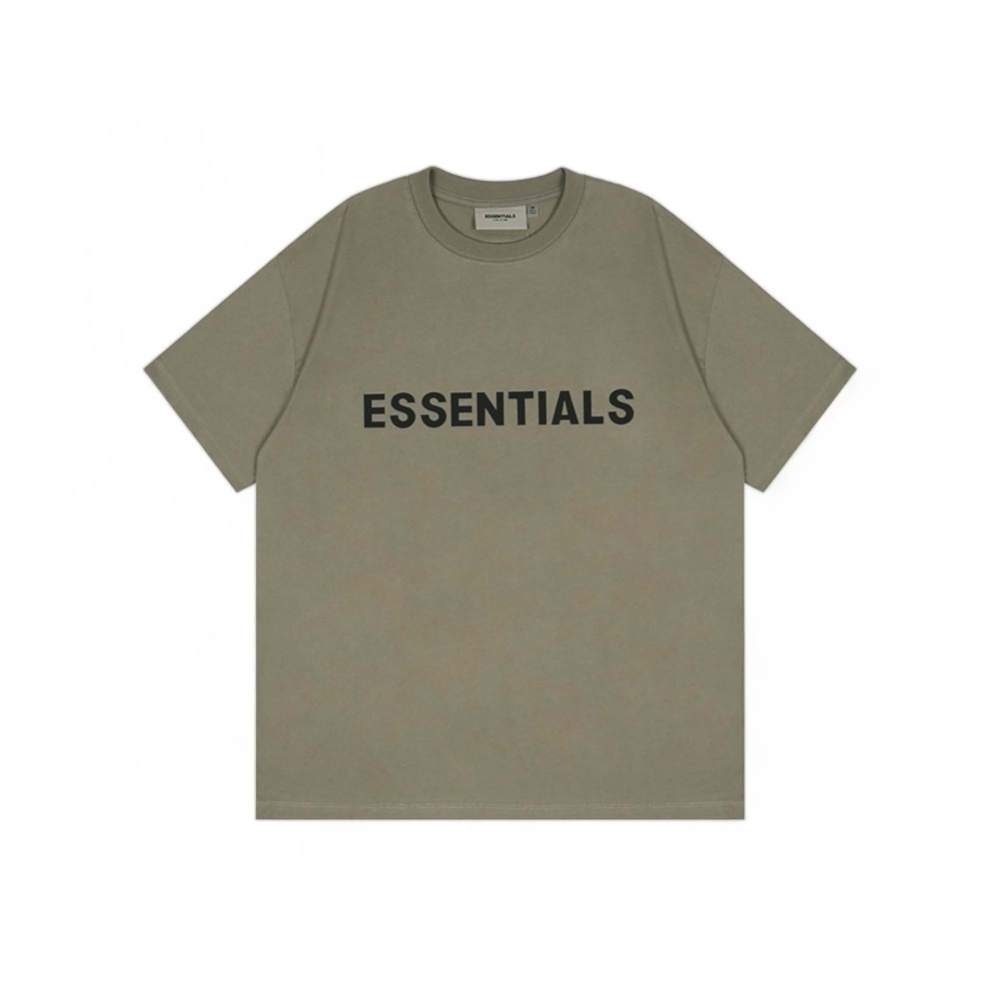 Olive green oversized FOG ESSENTIALS T-shirt displayed on a neutral background, showcasing its relaxed fit and soft fabric.