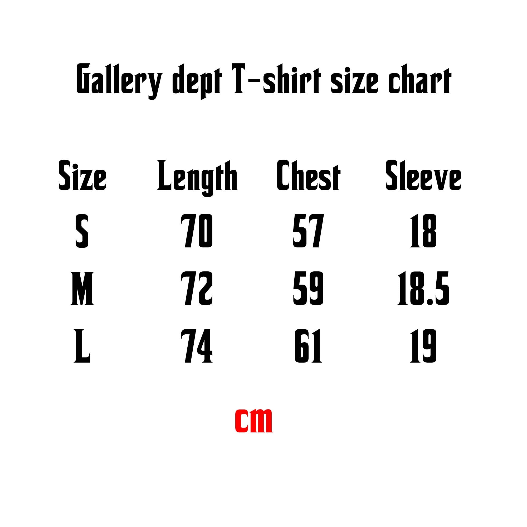 Gallery Dept. Dépt De La Galerie T-shirt displayed on a size chart, highlighting measurements for optimal fit.