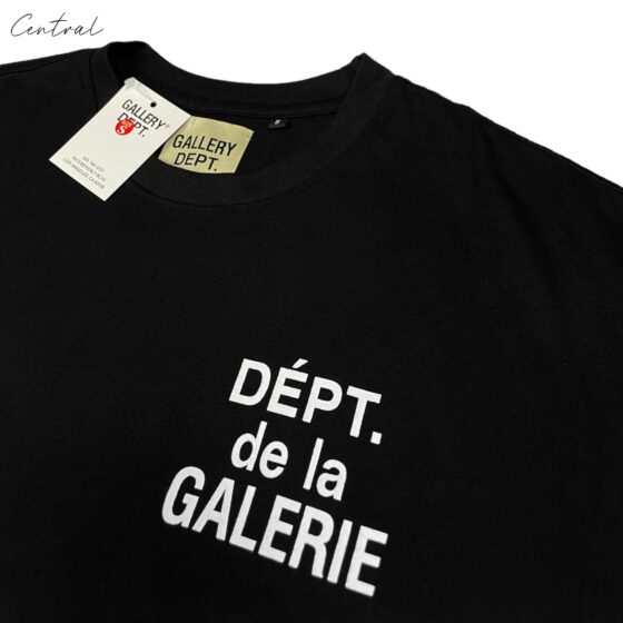 Black Gallery Dept. T-shirt featuring a logo design, made by Central ae, displayed on a flat surface.