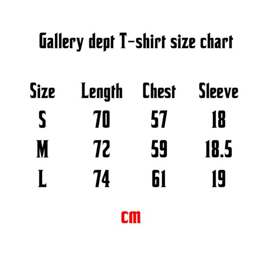 Gallery Dept. Black T-shirt on a size chart, featuring a relaxed fit and casual style by Central ae.