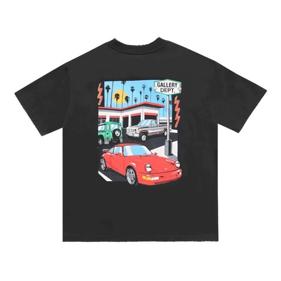 Gallery Dept Drive Thru T-shirt featuring a relaxed fit and unique graphic design on a soft fabric background.