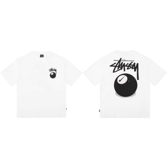 White NIKE X STUSSY 8 BALL T-shirt featuring graphic design and relaxed fit.