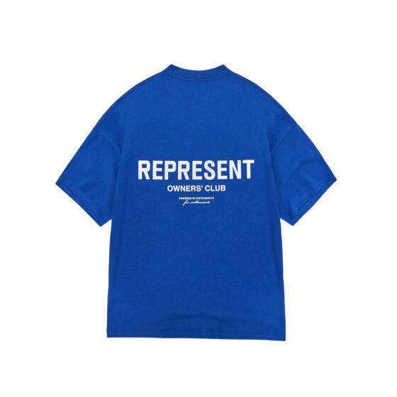 Cobalt blue REPRESENT OWNERS CLUB T-shirt featuring a logo on the front, ideal for casual wear.