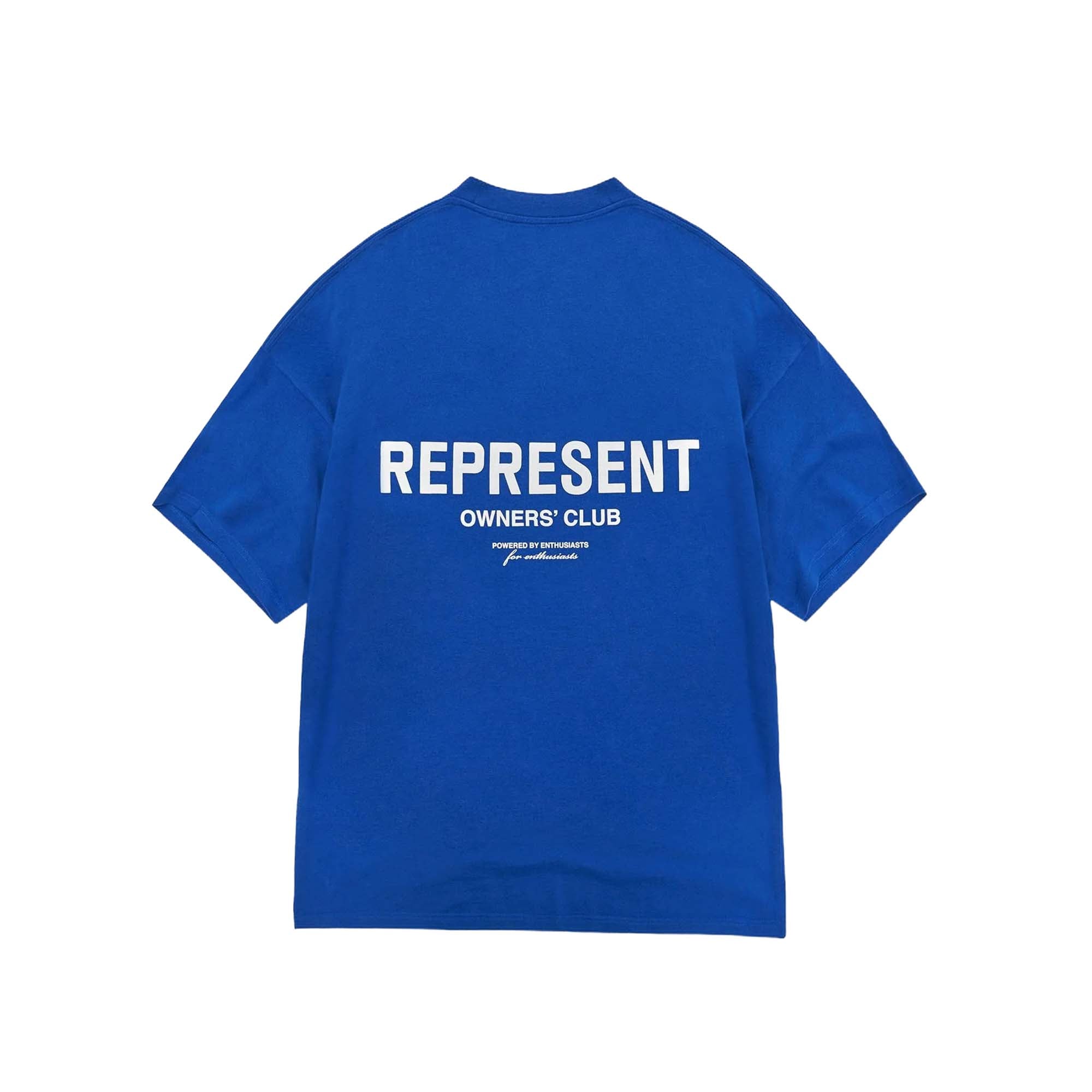 Cobalt blue REPRESENT OWNERS CLUB T-shirt featuring a logo on the front, ideal for casual wear.