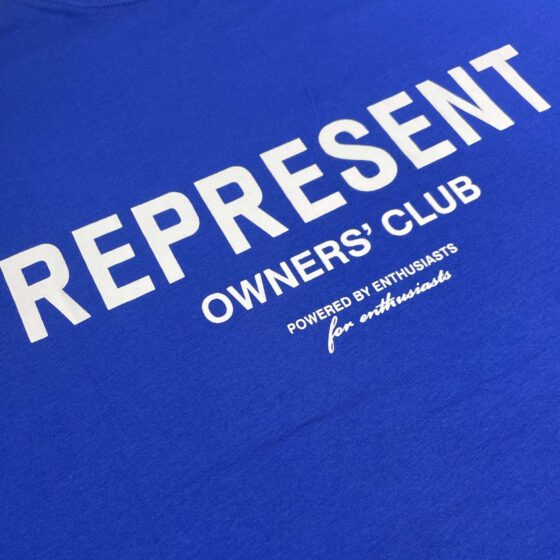 Cobalt blue REPRESENT OWNERS CLUB T-shirt featuring a classic crew neckline and short sleeves.