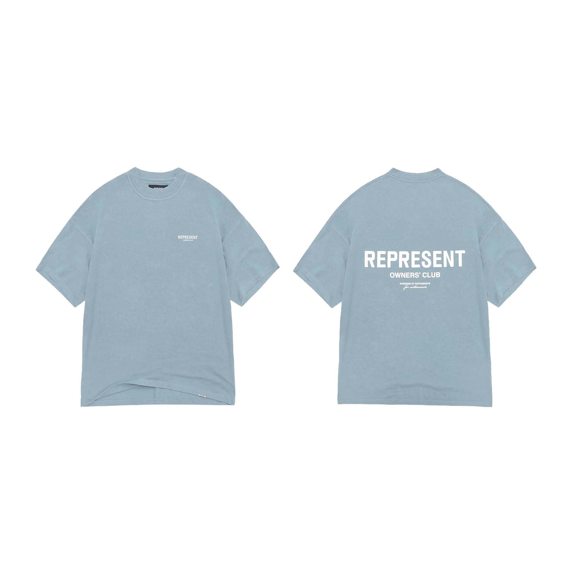 Light powder blue REPRESENT OWNERS CLUB T-shirt featuring a relaxed fit and logo design on the front.