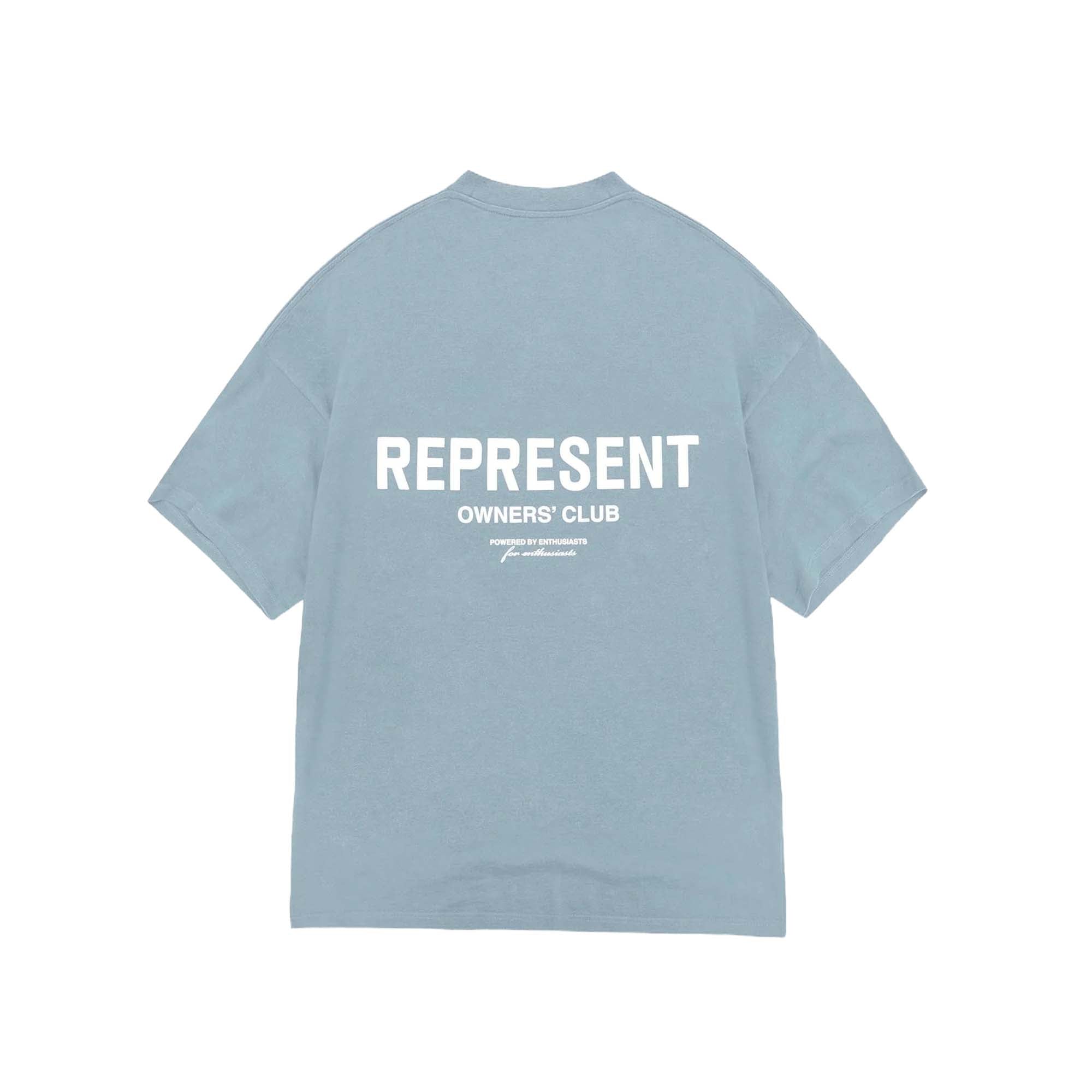 Powder blue REPRESENT OWNERS CLUB T-shirt displayed on a flat surface with a relaxed fit and crew neckline.