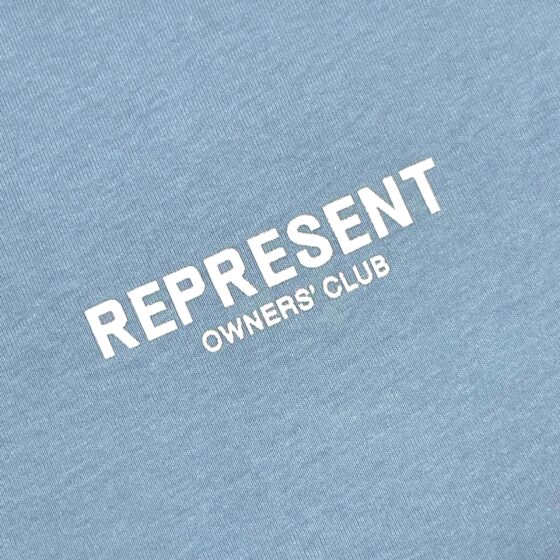 Powder blue REPRESENT OWNERS CLUB T-shirt featuring a relaxed fit and logo design by central.ae.