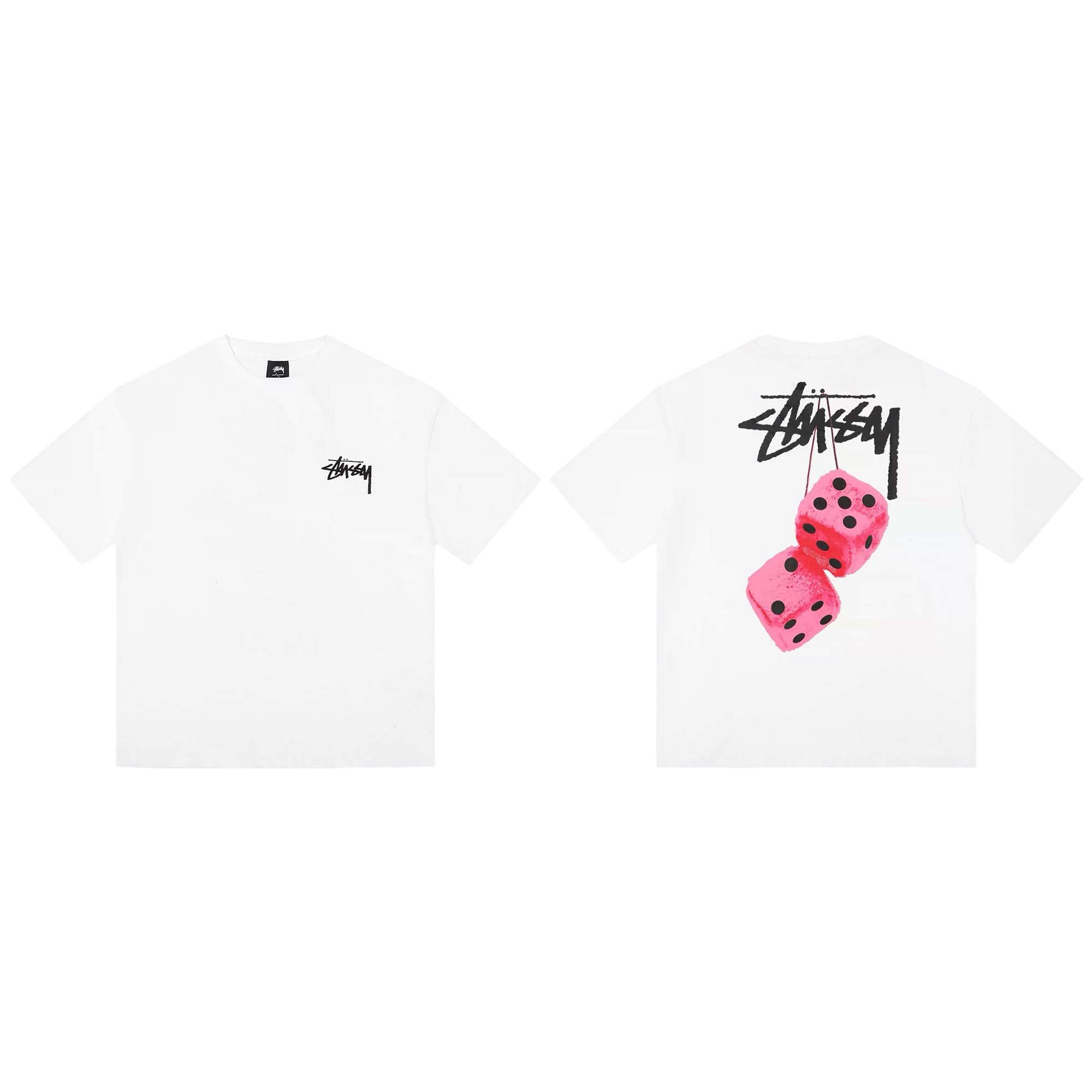 Stussy Fuzzy Dice Tee featuring a colorful graphic print on a relaxed fit t-shirt in soft fabric.