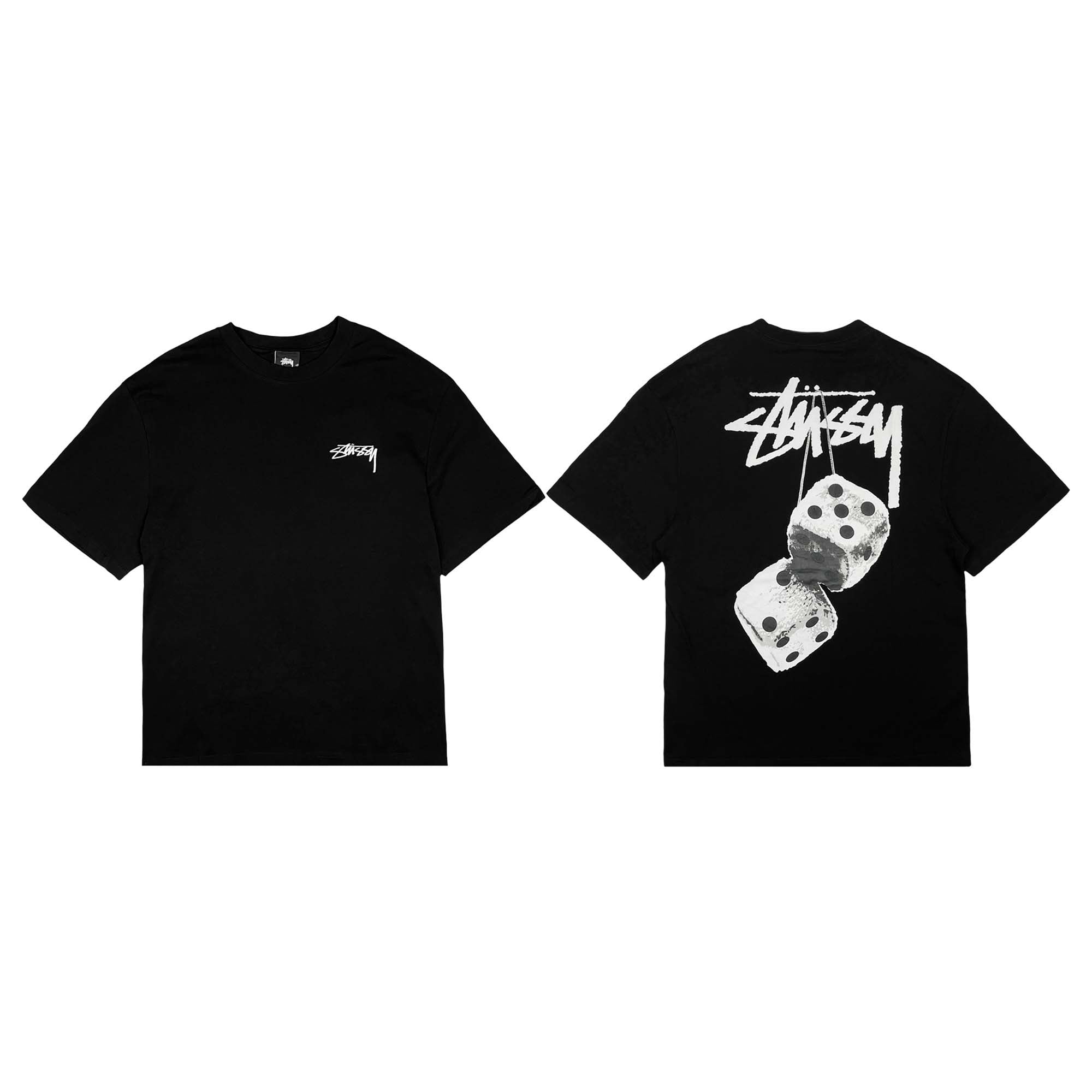 Black Stussy Fuzzy Dice Tee featuring a graphic print, short sleeves, and a relaxed fit.