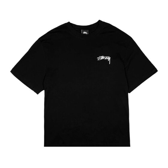 Black Stussy Fuzzy Dice Tee featuring a graphic print, displayed on a plain background.