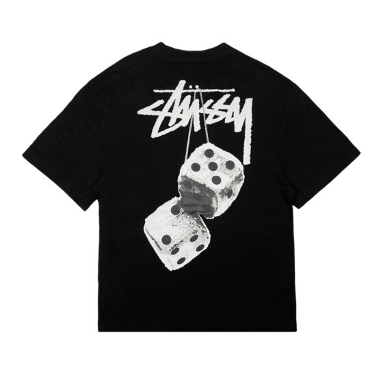 Black Stussy Fuzzy Dice T-shirt featuring a playful graphic design and relaxed fit, perfect for casual wear.