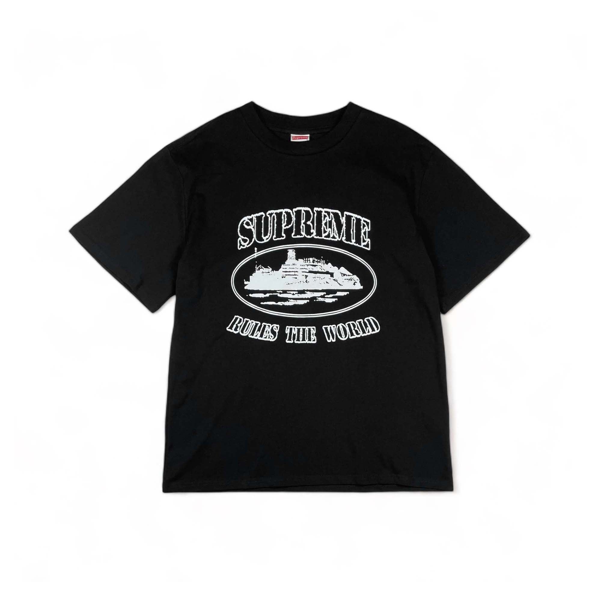 Central AE Sup Corteiz Rules The World Tee in black with bold graphic print on the front.