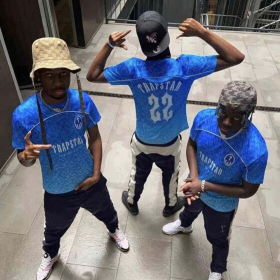 Ice blue Trapstar monogram jersey t-shirt featuring a stylish design and logo on soft fabric.