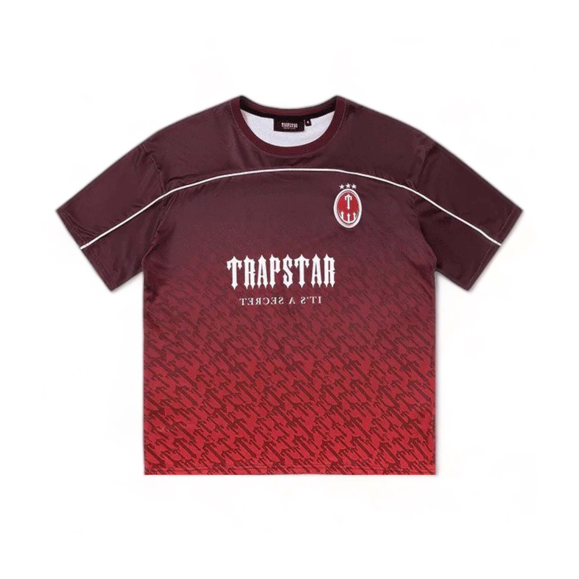 Trapstar Monogram Jersey T-shirt in red gradient with bold logo design on soft fabric. Ideal for casual wear.