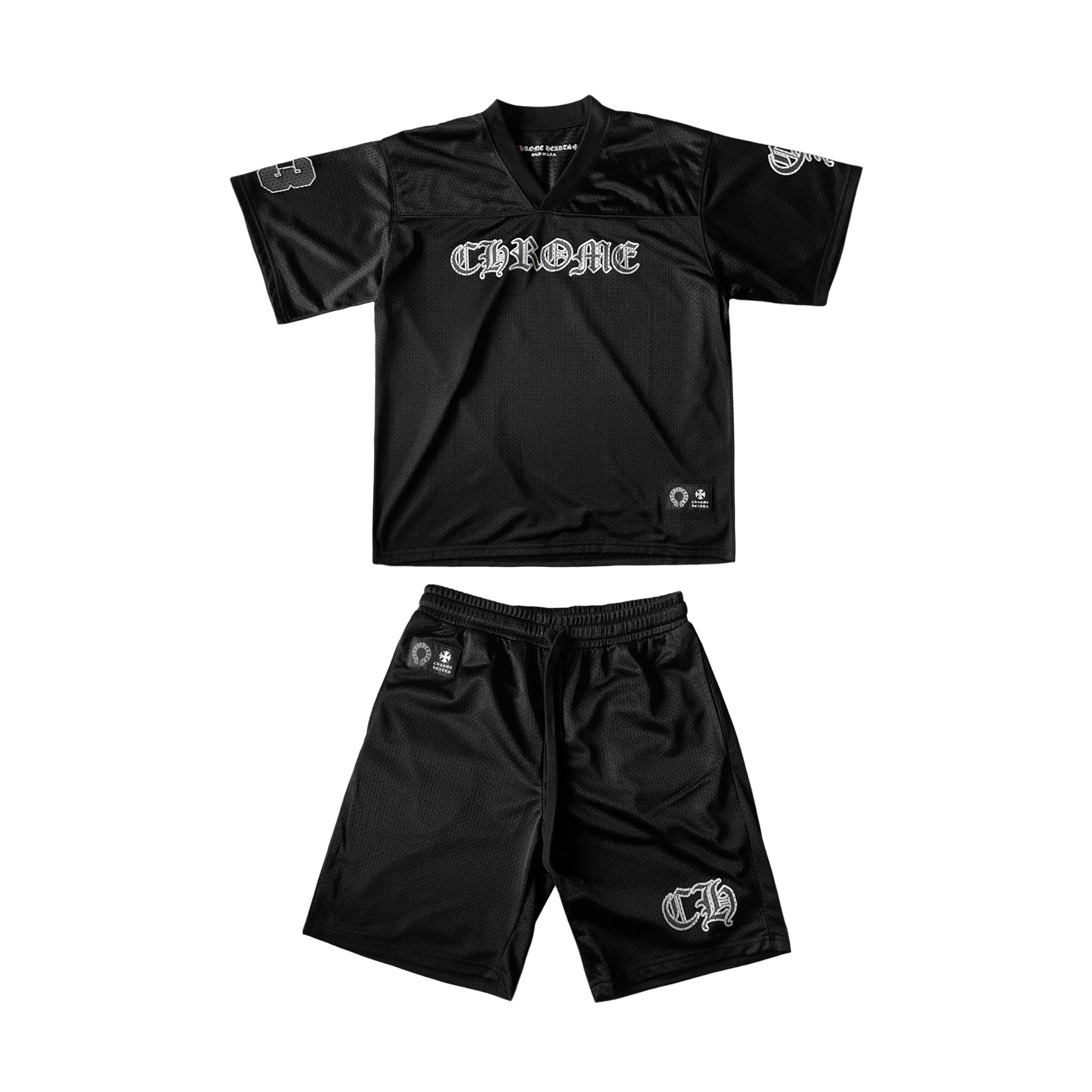 Chrome Hearts mesh stadium jersey set featuring a stylish t-shirt and shorts in a contemporary design by Central ae.